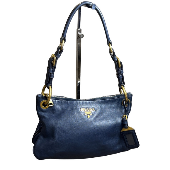 Prada Handbags - Prada Navy Blue Soft Calf Leather Shoulder Bag Authentic Italy|COA